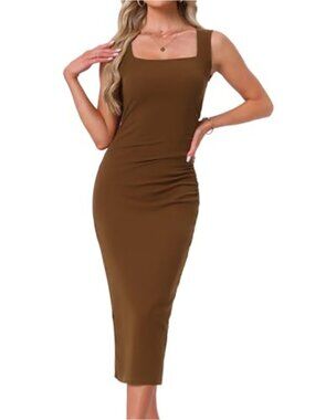 Women's Sleeveless Square Neck Bodycon Midi Dress Ruched Stretch Formal Party